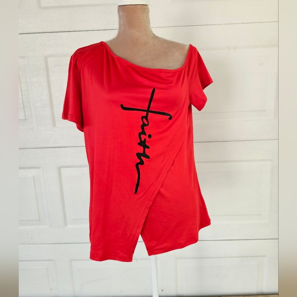 Faith Graphic Red Off Shoulder Tunic Top XL | Christian Aesthetic Boho Casual - Picture 2 of 14